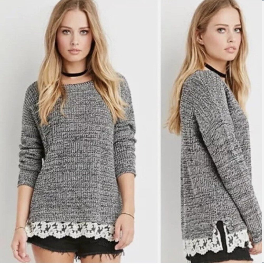 Forever 21Marled Grey Crew Neck Sweater w/ Lace Trim szM